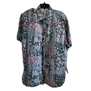 Vtg Stunt Collections 100% Silk Blouse | Size Large | Dark Floral Y2K Aesthetic